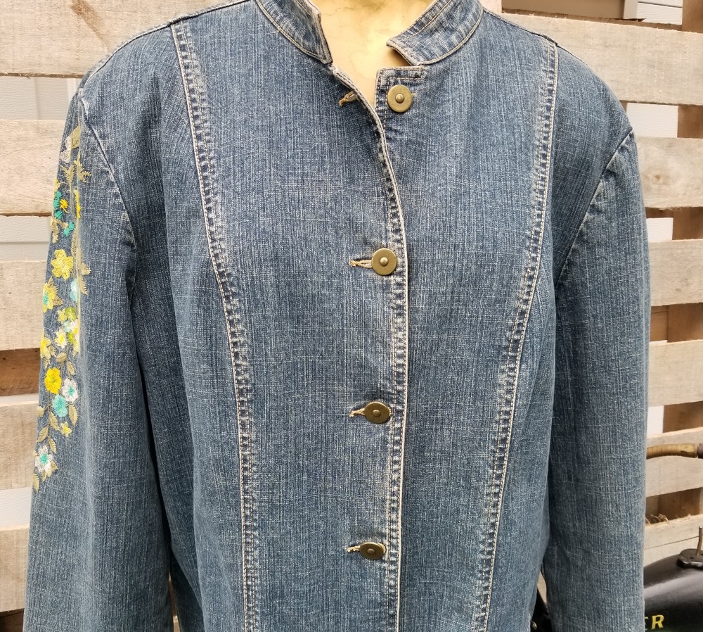 Embroidered denim jean jacket by Kate Hill.